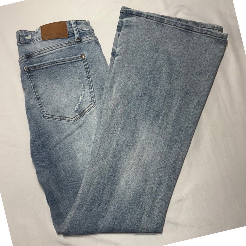 Judy Blue Flare Jeans Womens 15/32 Light Wash High Rise Distressed Boho Retro